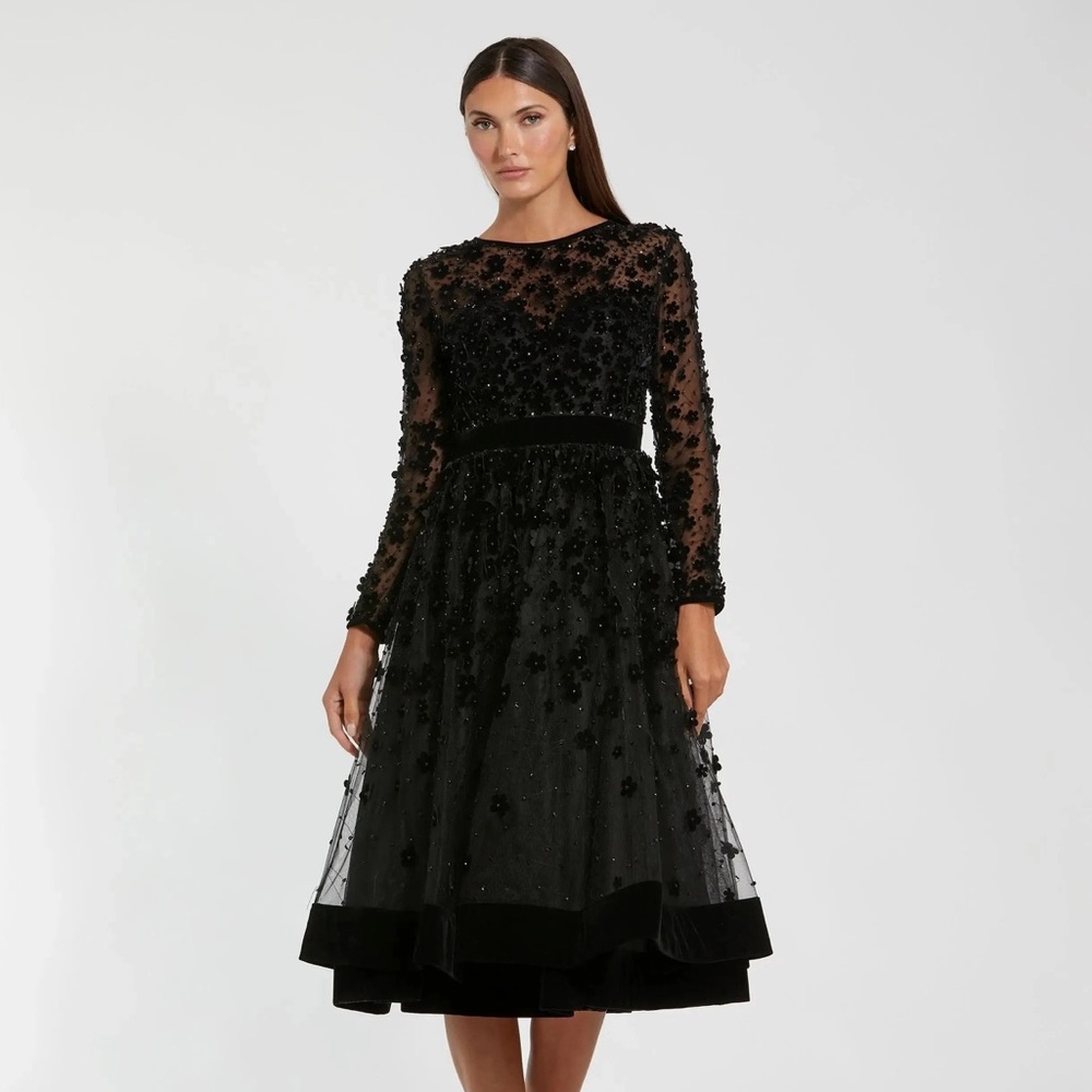 Mac Duggal Black Embellished Long Sleeve Dress